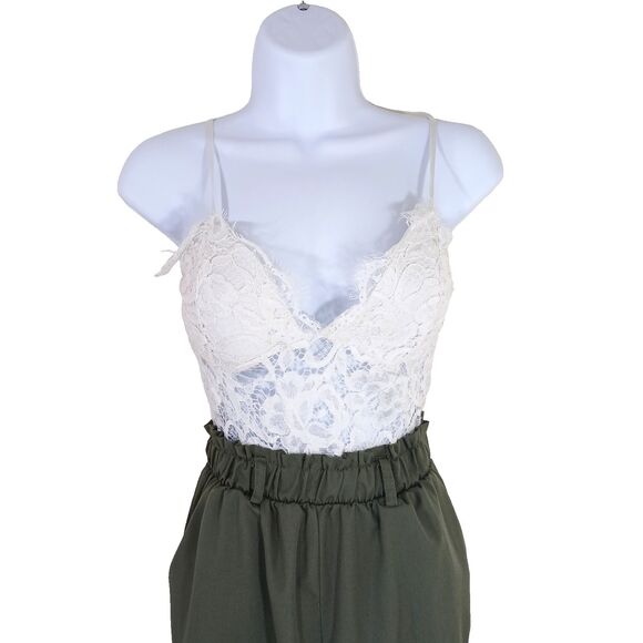 Express Pants - Sleeveless White Lace Top Jumpsuit With Pockets Paper Bag Waist Tall Pull-on M